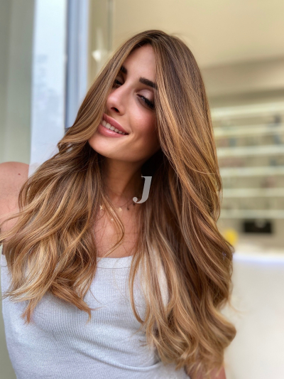 Foto di donna con capelli lunghi biondo medio sabbia