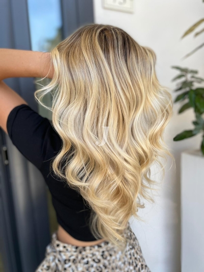 Foto di donna con capelli lunghi biondo platino dorato