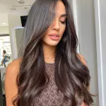 Foto di donna con capelli lunghi castano scuro marrone