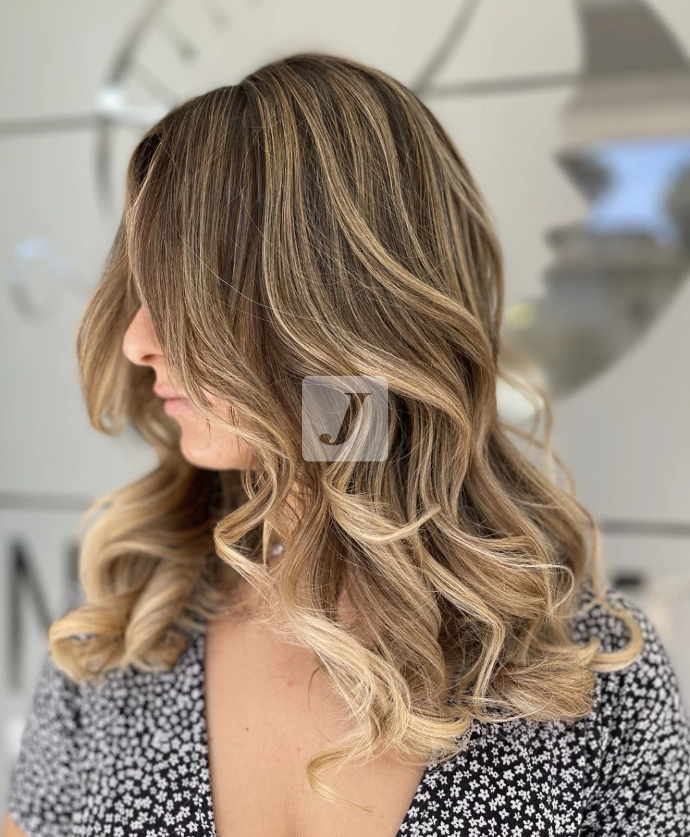 Foto di donna con capelli medi biondo medio sabbia