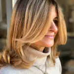 Foto di donna con capelli medi biondo chiaro dorato