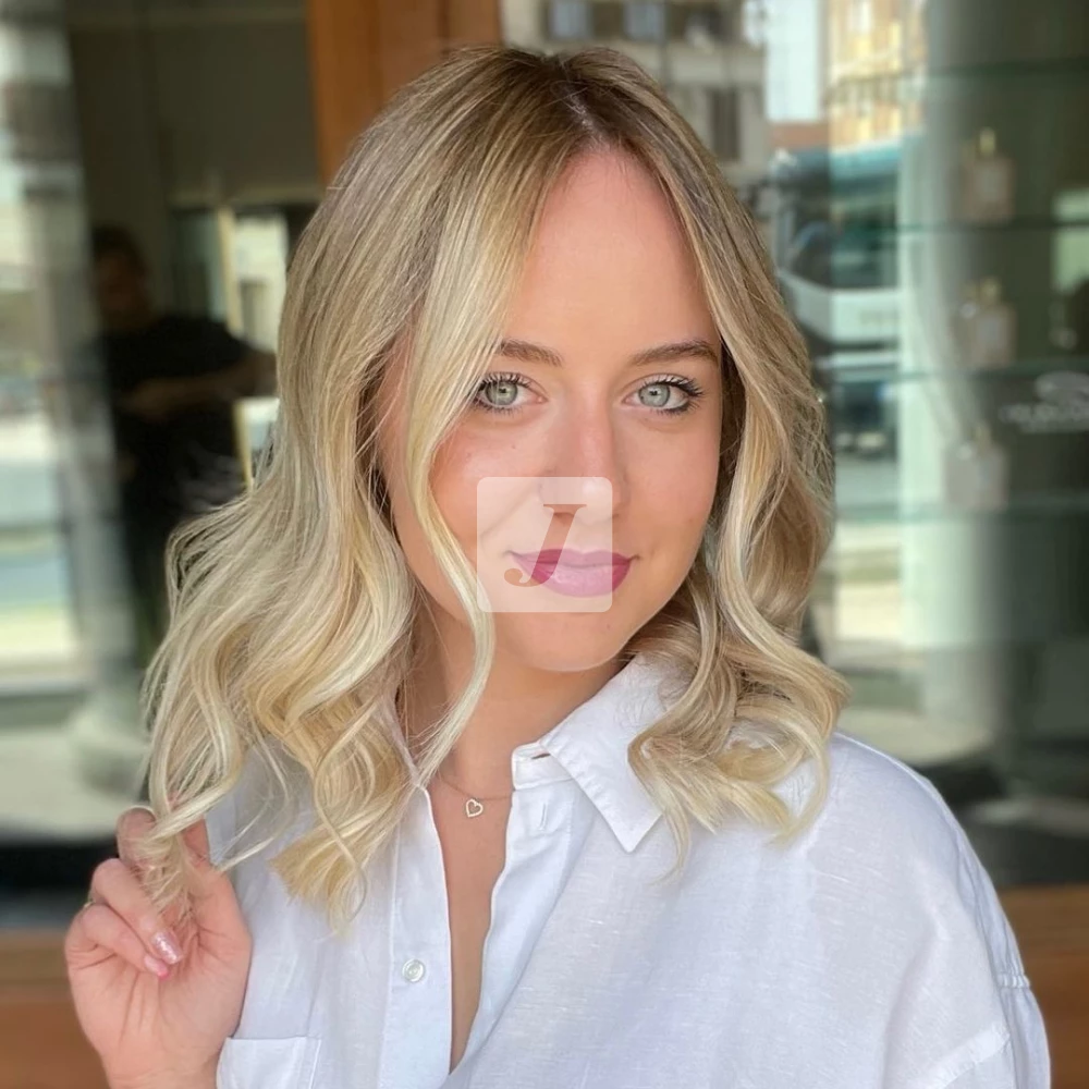Foto di donna con capelli medi biondo platino dorato